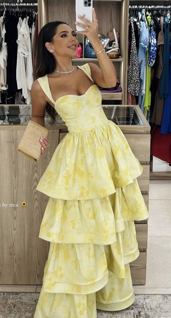 Vintage Pastel Yellow Ruffle Tiered A-Line Long Prom Dress