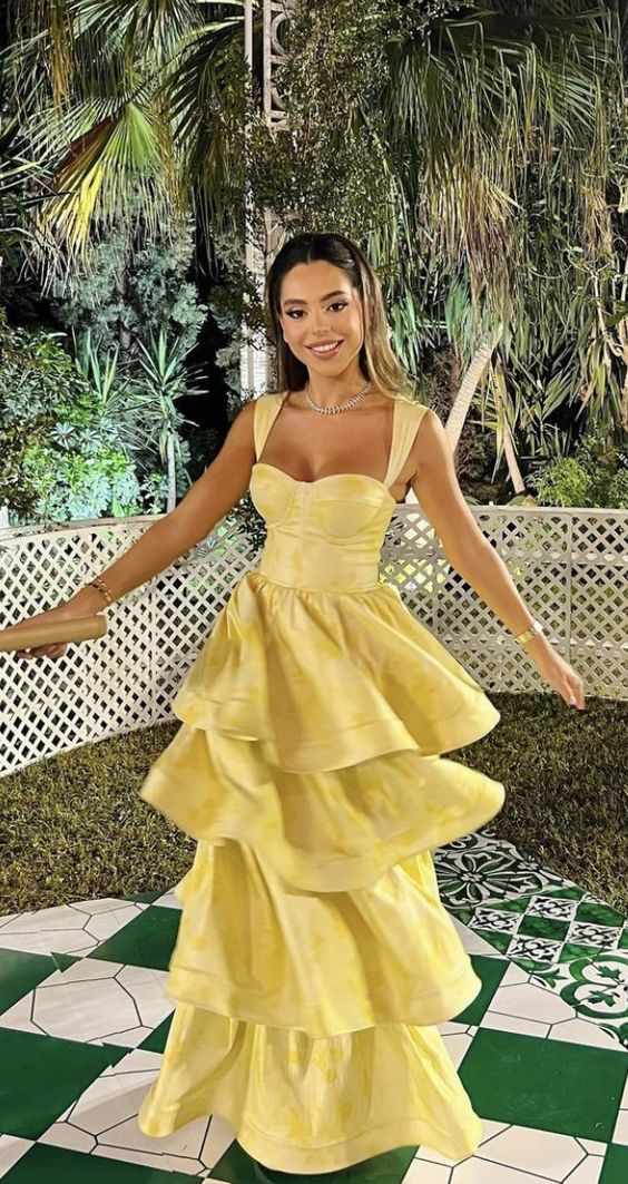 Vintage Pastel Yellow Ruffle Tiered A-Line Long Prom Dress Main image