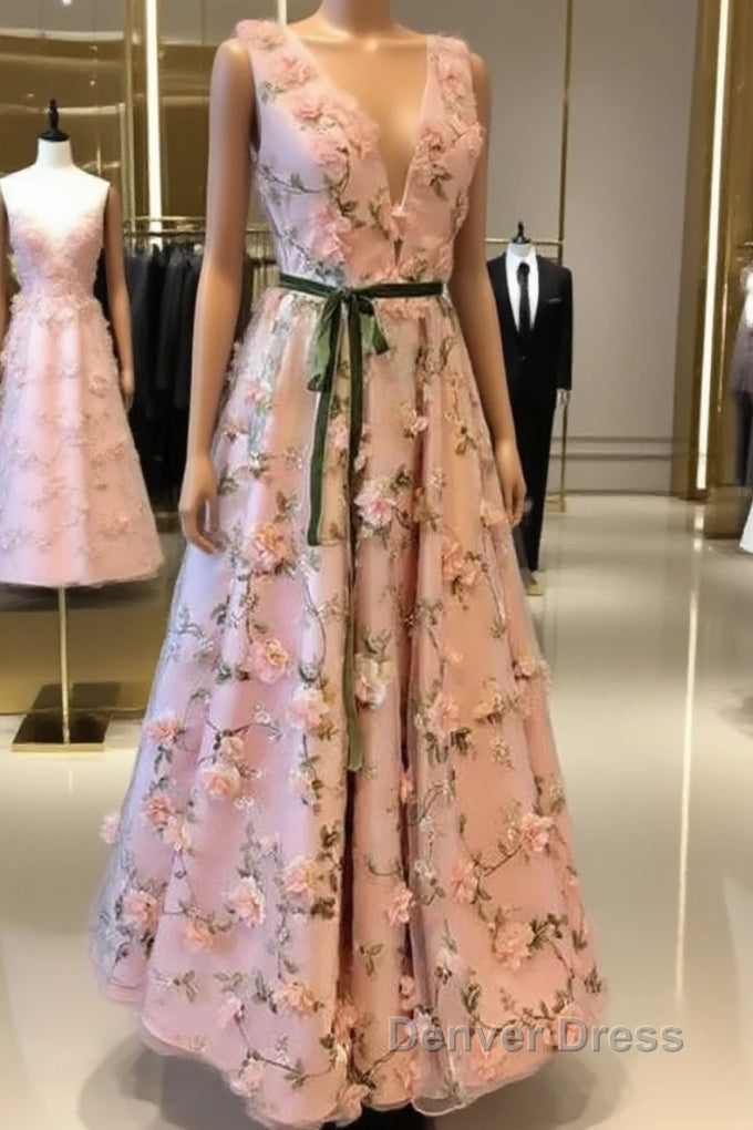 Long Pink 3D Flowers V-Neck Dresses Main image