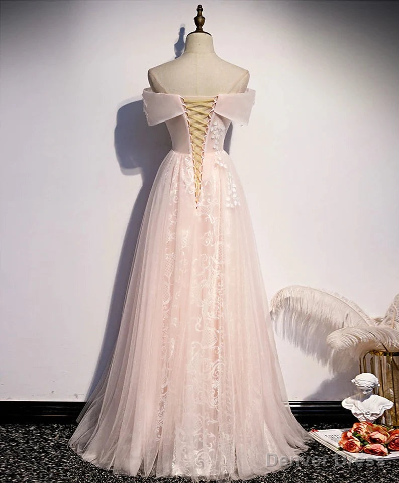 Long Pink Off Shoulder A Line Prom Dress with Lace, Sweetheart Prom Dresses