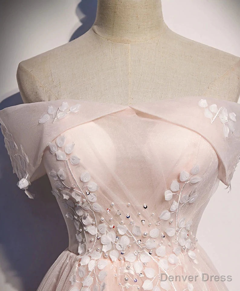 Long Pink Off Shoulder A Line Prom Dress with Lace, Sweetheart Prom Dresses