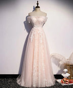 Long Pink Off Shoulder A Line Prom Dress with Lace, Sweetheart Prom Dresses