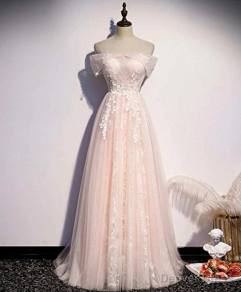Long Pink Off Shoulder A Line Prom Dress with Lace, Sweetheart Prom Dresses