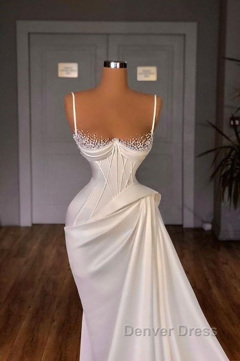 Long Pleated Satin Evening Dresses White Mermaid Prom Dresses