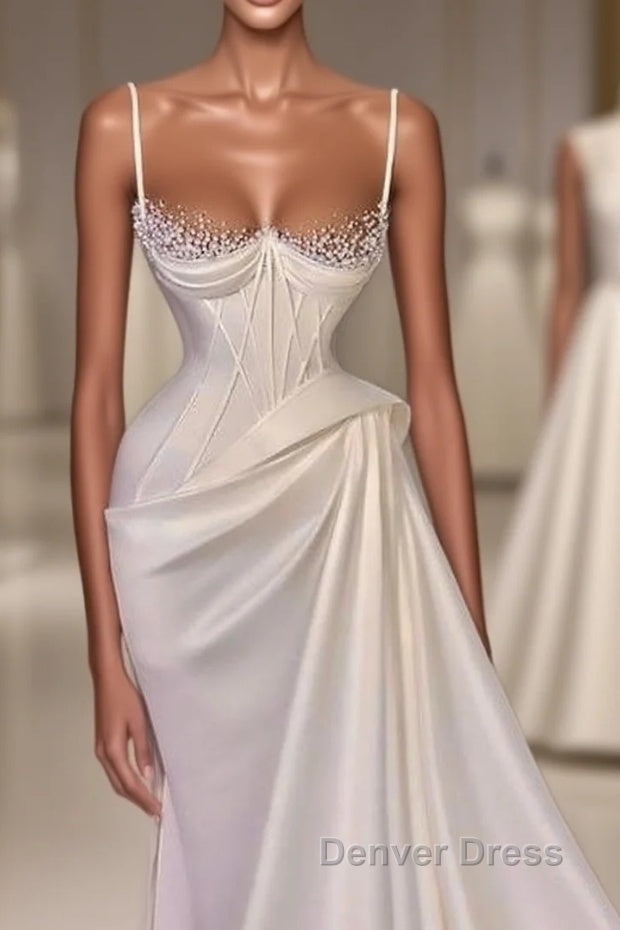 Long Pleated Satin Evening Dresses White Mermaid Prom Dresses Main image