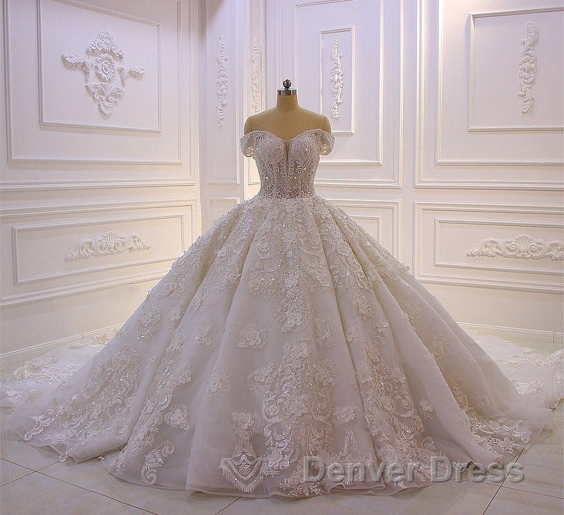 Long Princess Sweetheart Off-the-Shoulder Backless Appliques Lace Ruffles Tulle Wedding Dresses