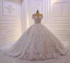 Long Princess Sweetheart Off-the-Shoulder Backless Appliques Lace Ruffles Tulle Wedding Dresses