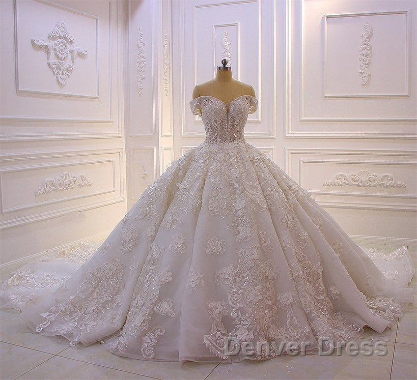 Long Princess Sweetheart Off-the-Shoulder Backless Appliques Lace Ruffles Tulle Wedding Dresses