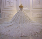 Long Princess Sweetheart Off-the-Shoulder Backless Appliques Lace Ruffles Tulle Wedding Dresses