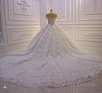 Long Princess Sweetheart Off The Shoulder Backless Appliques Lace Ruffles Tulle Wedding Dresses