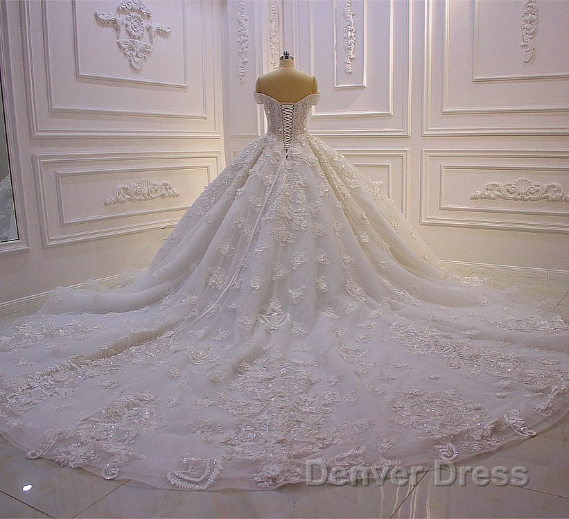 Long Princess Sweetheart Off The Shoulder Backless Appliques Lace Ruffles Tulle Wedding Dresses