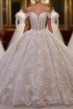 Long Princess Sweetheart Off The Shoulder Backless Appliques Lace Ruffles Tulle Wedding Dresses