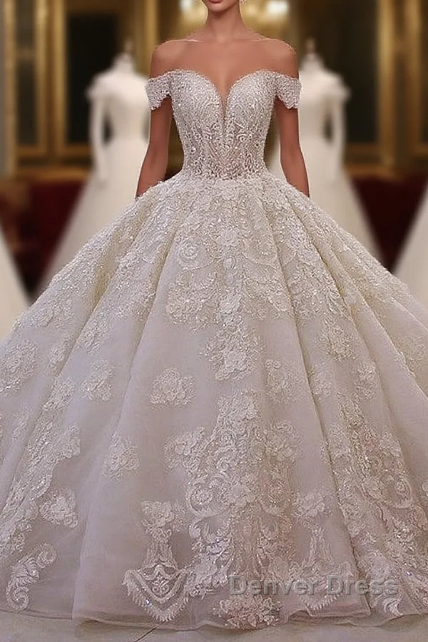 Long Princess Sweetheart Off The Shoulder Backless Appliques Lace Ruffles Tulle Wedding Dresses