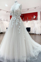 Long Princess Tulle V Neck Sequins Lace Appliques Wedding Dresses