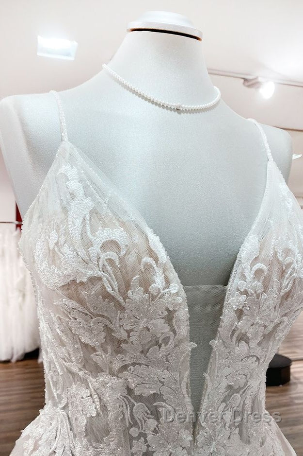 Long Princess Tulle V Neck Sequins Lace Appliques Wedding Dresses