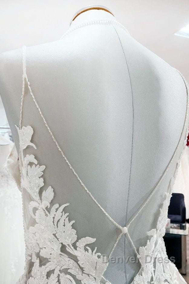 Long Princess Tulle V Neck Sequins Lace Appliques Wedding Dresses