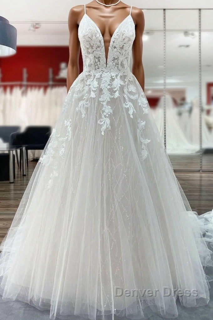 Long Princess Tulle V Neck Sequins Lace Appliques Wedding Dresses Main image