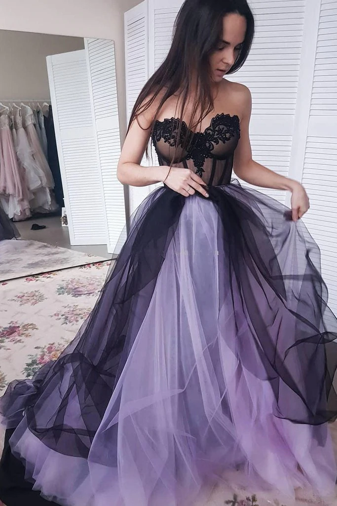 Green/Purple Elegant Lace Tulle A-Line Long Tulle Prom Dress Prom Gowns Sexy Backless Wedding Dresses Main image