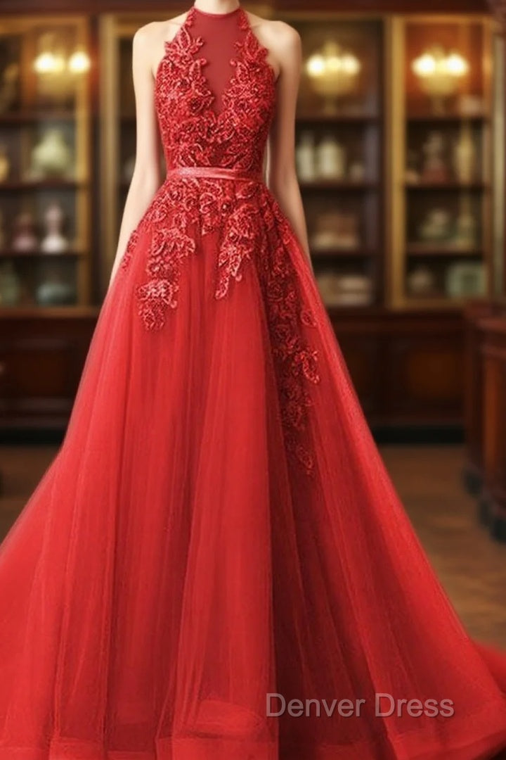 Long Prom Dresses Halter Brush Train Simple Lace Prom Dresses Main image