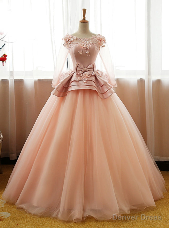 Long Prom Dress Party Gown 3D Floral Flower Long Sleeves Puffy Tulle Main image