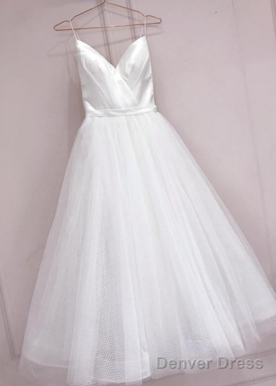 Long Prom Dress Simple White Tulle With Satin V-Neckline Tea Length Wedding Dress, Simple White Party Dress Main image