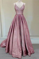 Long Prom Dresses Glitter V Neck With Pockets