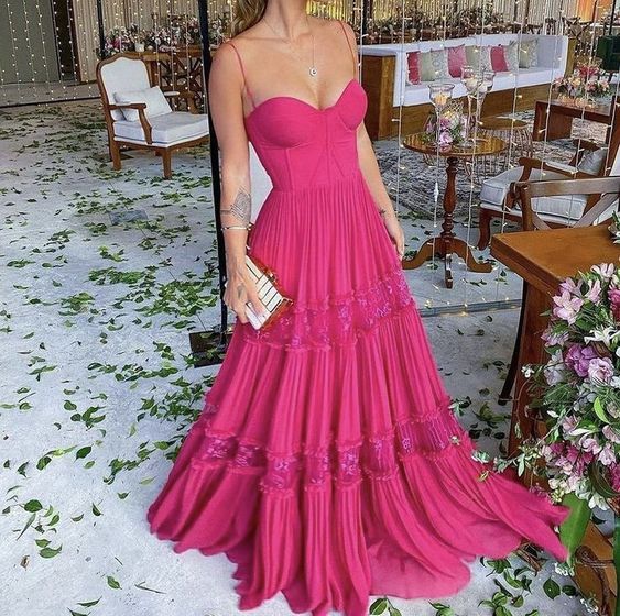 Hot Pink A-Line Spaghetti Straps Chiffon Long Prom Dresses Main image