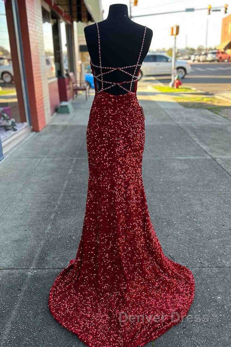 Long Prom Dresses Red Sequins Beaded Mermaid Evening Dresses Straps