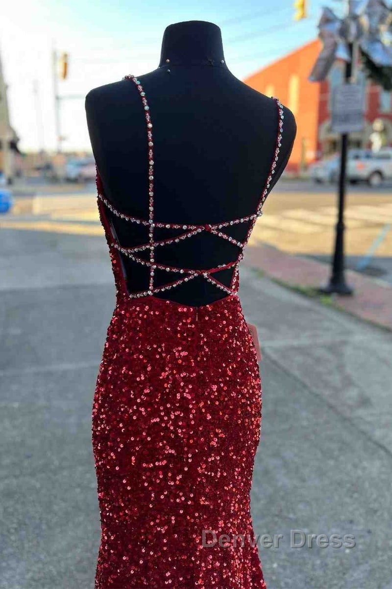 Long Prom Dresses Red Sequins Beaded Mermaid Evening Dresses Straps
