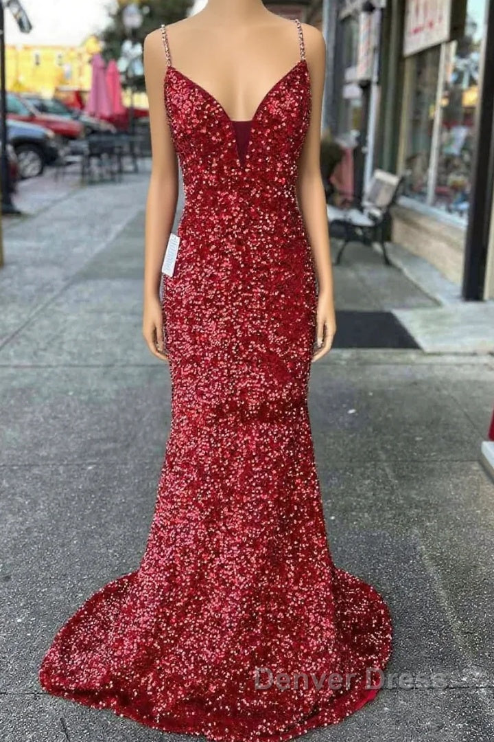 Long Prom Dresses Red Sequins Beaded Mermaid Evening Dresses Straps Main image