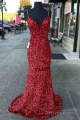 Long Prom Dresses Red Sequins Beaded Mermaid Evening Dress Straps