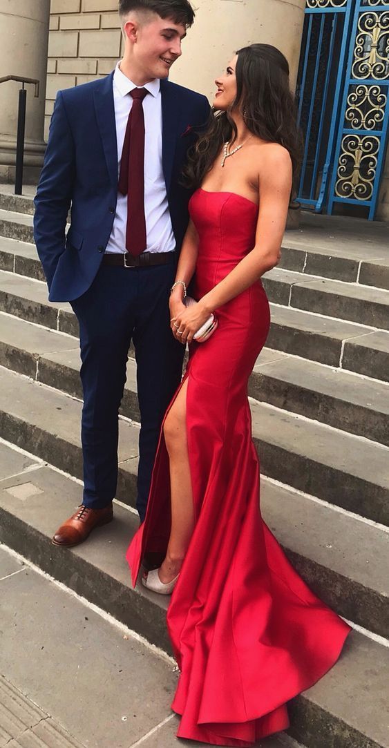Long Prom Dress, Strapless Mermaid Red Prom Dresses With Slit Secondary image
