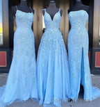 Long Prom Dresses with Applique,8th Graduation Dresses School Dance Sky Blue Formal Dresses