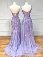 Long Purple Lace Prom Dresses,Unique A Line Formal Evening Dresses