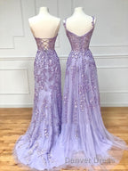 Long Purple Lace Prom Dress,Unique A Line Prom Dresses