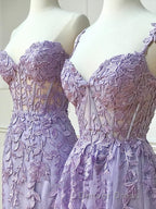 Long Purple Lace Prom Dresses,Unique A Line Formal Evening Dresses