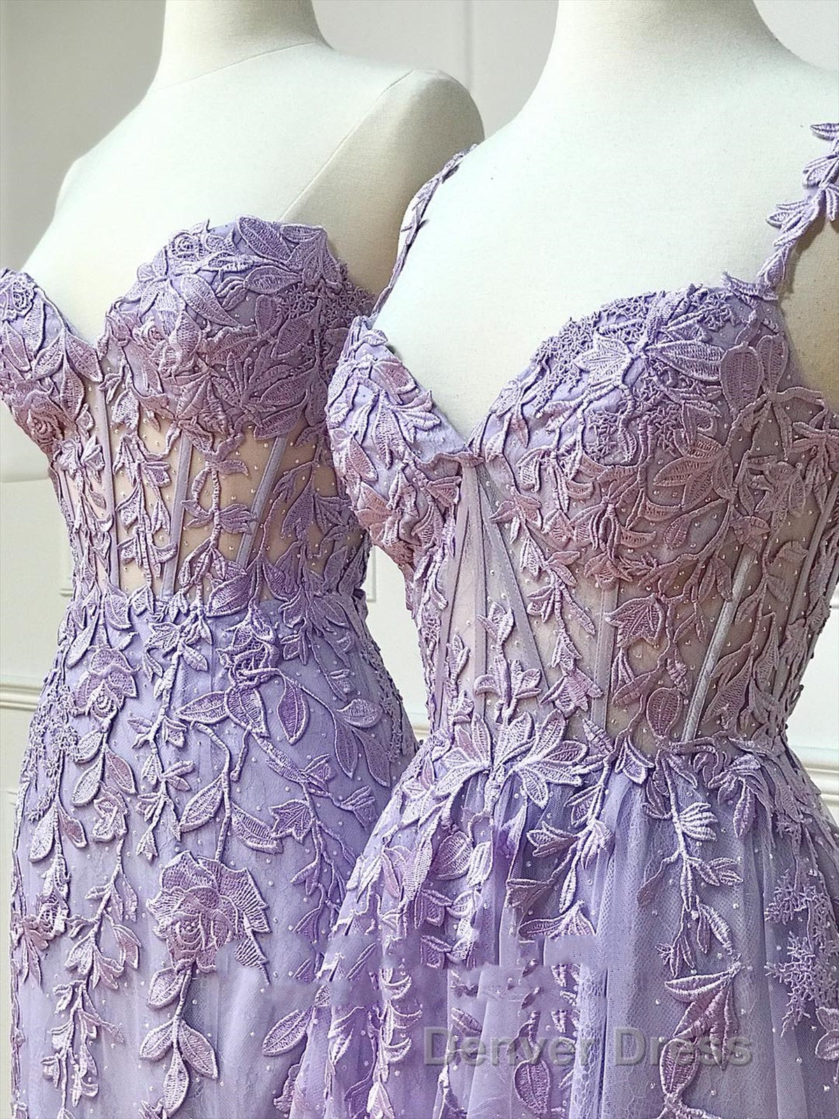 Long Purple Lace Prom Dresses,Unique A Line Formal Evening Dresses