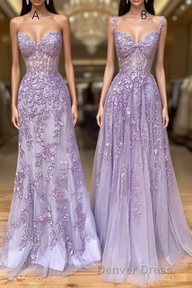 Long Purple Lace Prom Dresses,Unique A Line Formal Evening Dresses Main image