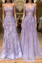 Long Purple Lace Prom Dresses,Unique A Line Formal Evening Dresses