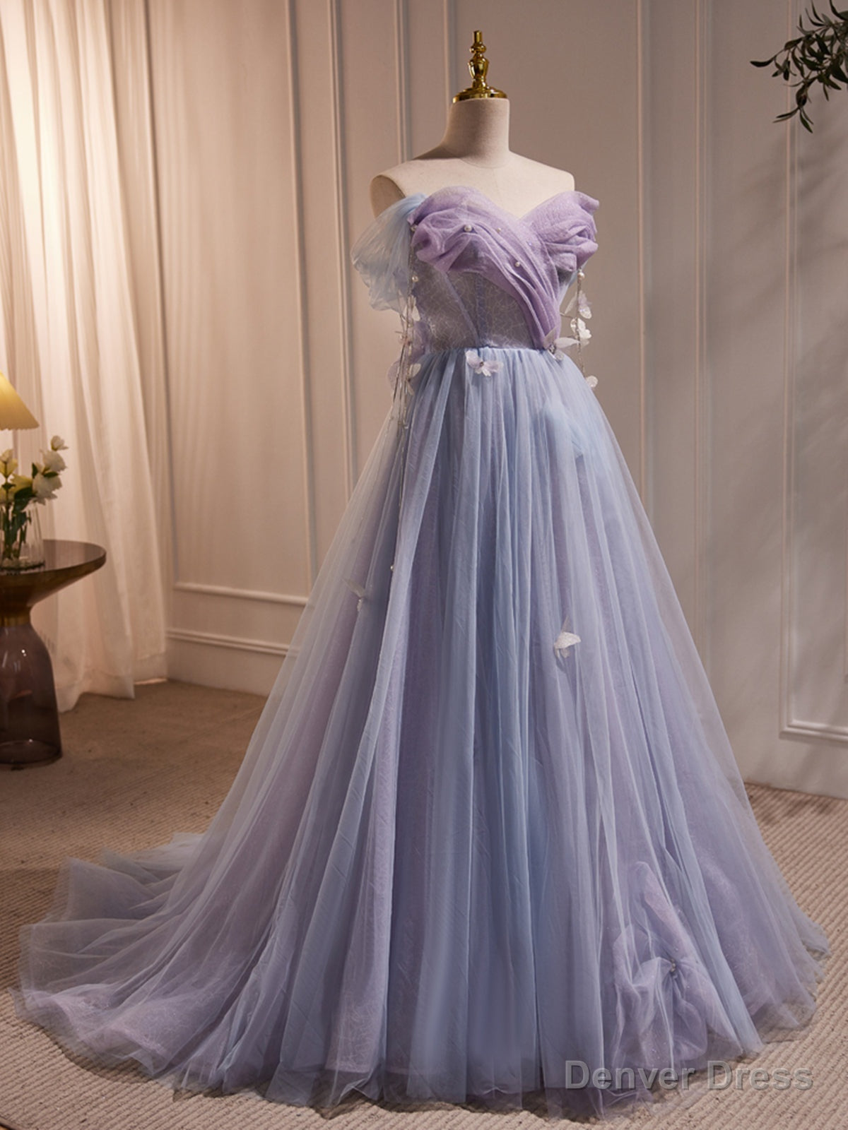 Long Purple Tulle Prom Dresses, Long Purple Tulle Formal Evening Dresses Secondary image