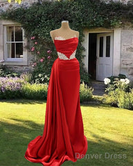 Long Red Mermaid Satin Strapless With Lace Embroidery