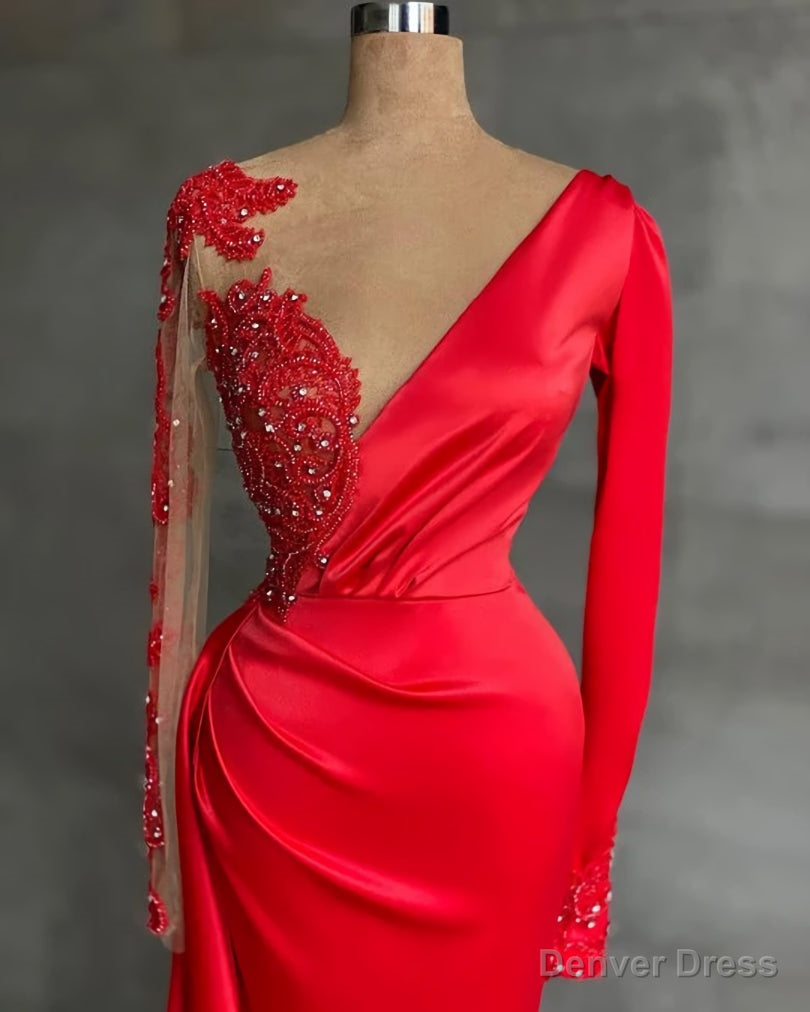 Long Red Satin Evening Dresses, Sheer Neckline Long Sleeve Beaded African High Slit Women Formal Prom Dress Secondary image