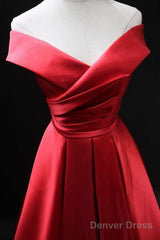 Long Red Satin Prom Dresses  Off The Shoulder Evening Gowns