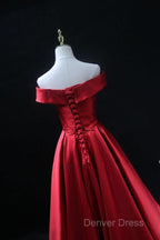 Long Red Satin Prom Dresses  Off The Shoulder Evening Gowns