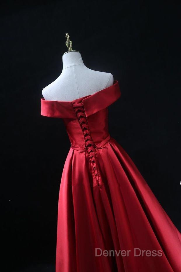 Long Red Satin Prom Dresses  Off The Shoulder Evening Gowns