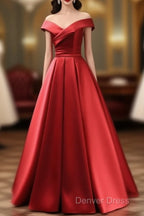 Long Red Satin Prom Dresses  Off The Shoulder Evening Gowns