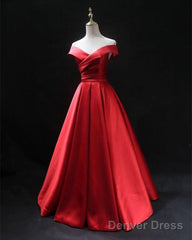 Long Red Satin Prom Dresses  Off The Shoulder Evening Gowns