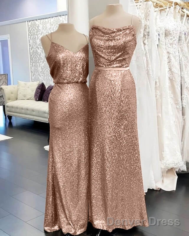 Long Rose Gold Bridesmaid Dresses Spaghetti Strap