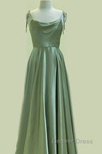 Long Sage Green Satin Cowl Neck Dresses