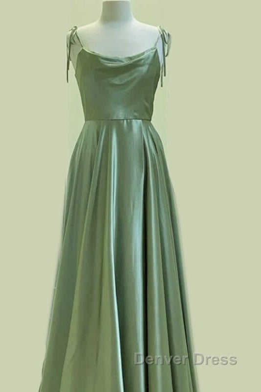 Long Sage Green Satin Cowl Neck Dresses